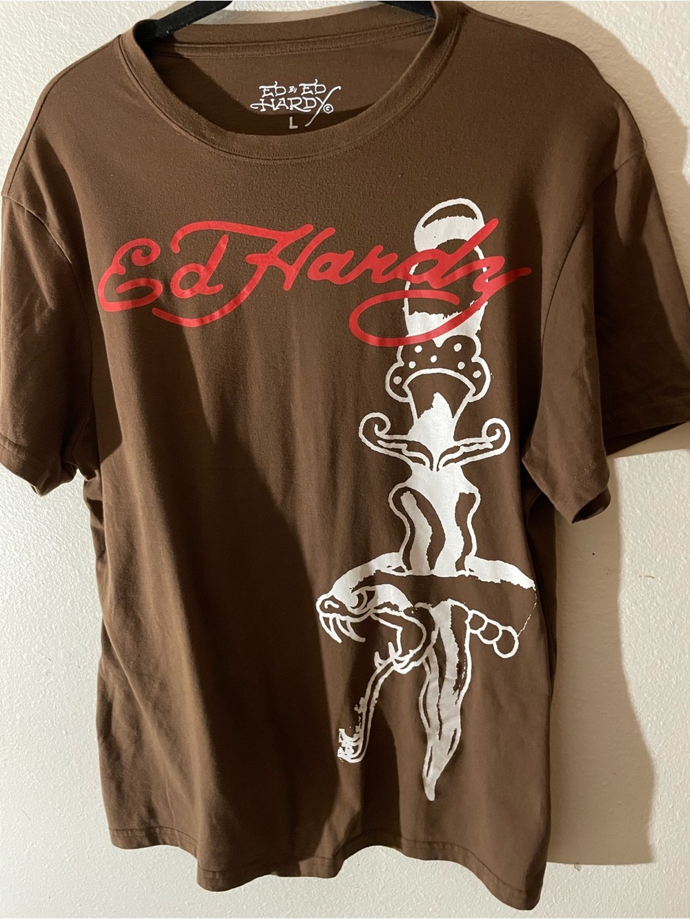 Ed Hardy Brown Tee with Red Logo and White Dagger Snake